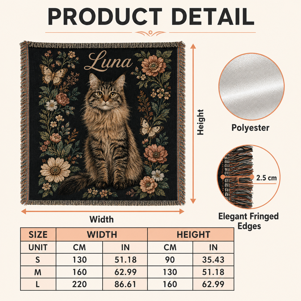 Custom Vintage Floral Pet Portrait Woven-Style Blanket - Personalized Cat & Dog Throw with Name