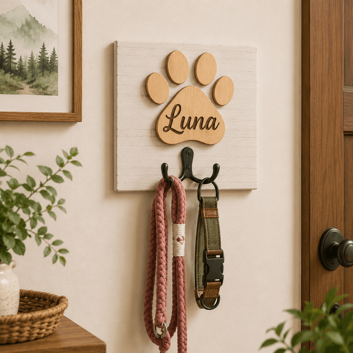 Custom Dog Leash Holder – Rustic Wooden Paw Print Design