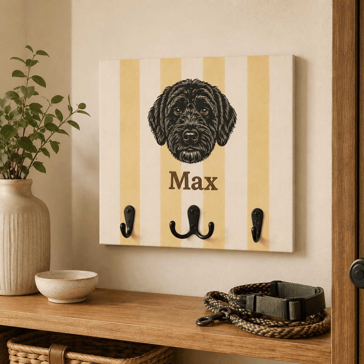 Custom Pet Portrait Dog Leash Holder – Classic Striped Design
