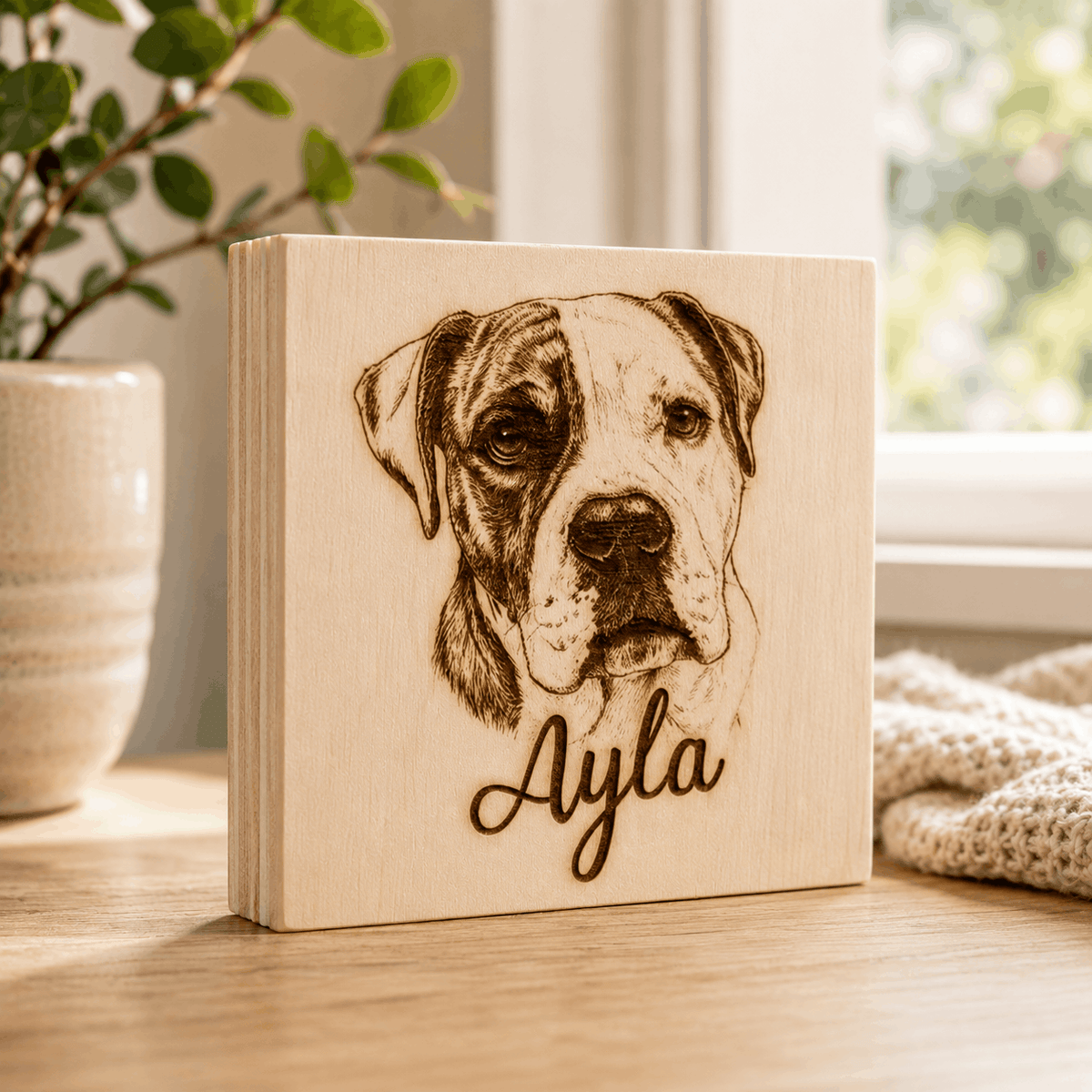 Custom Pet Sketch Portrait Wooden Block – Rustic Line Art Design