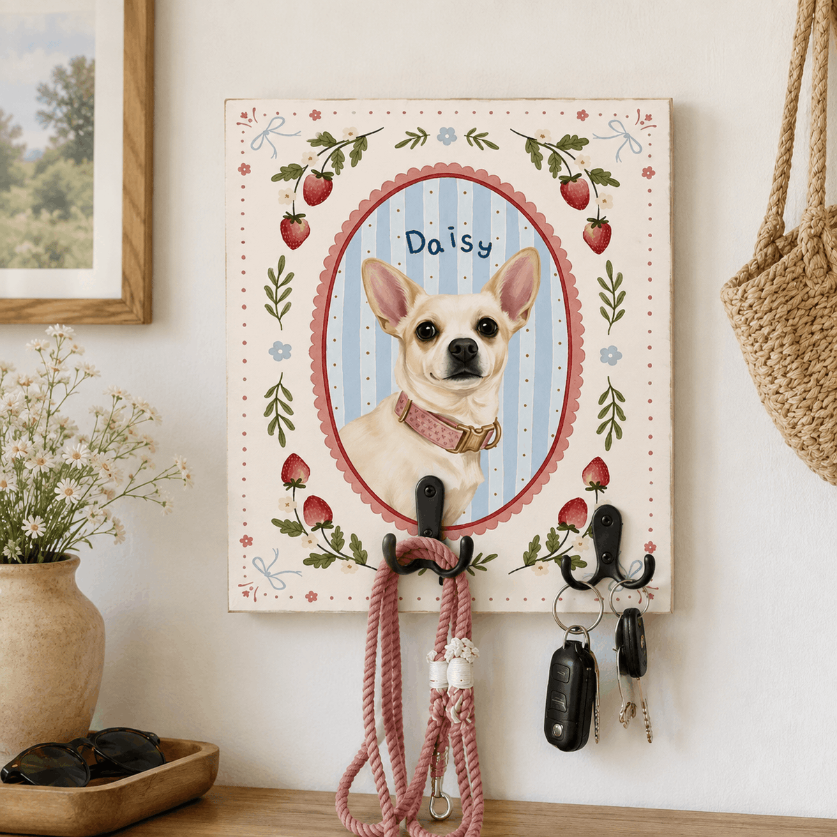 Custom Pet Portrait Dog Leash Holder – Vintage Floral & Gingham Design