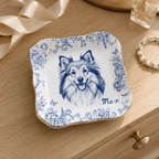 Custom Pet Portrait Ceramic Jewelry Dish – Classic Blue & White Floral Design