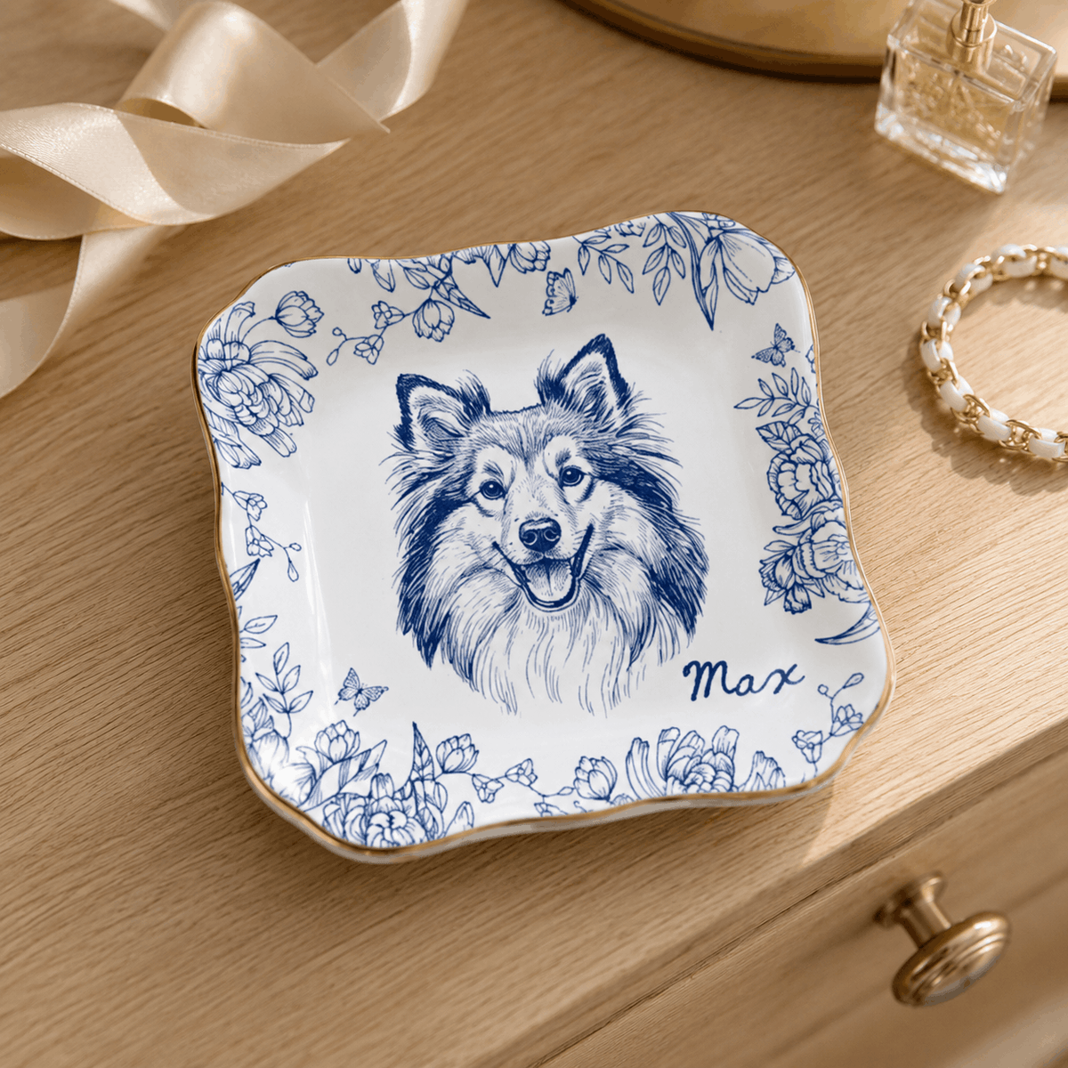 Custom Pet Portrait Ceramic Jewelry Dish – Classic Blue & White Floral Design