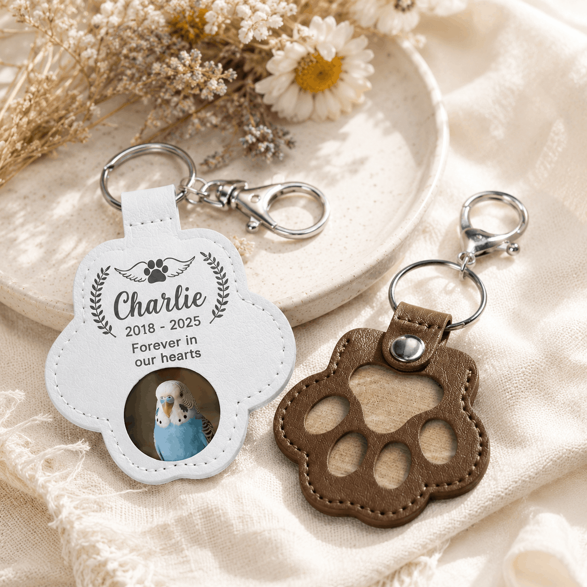Pet Memorial Pawprint Keychain - Angel Wings Photo Insert & Custom Dates