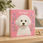 Custom Pet Portrait Wooden Block – Vibrant Floral Frame Design