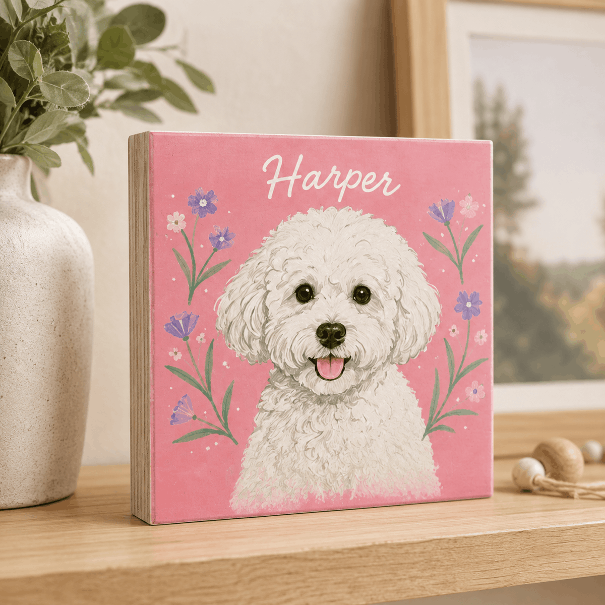 Custom Pet Portrait Wooden Block – Vibrant Floral Frame Design