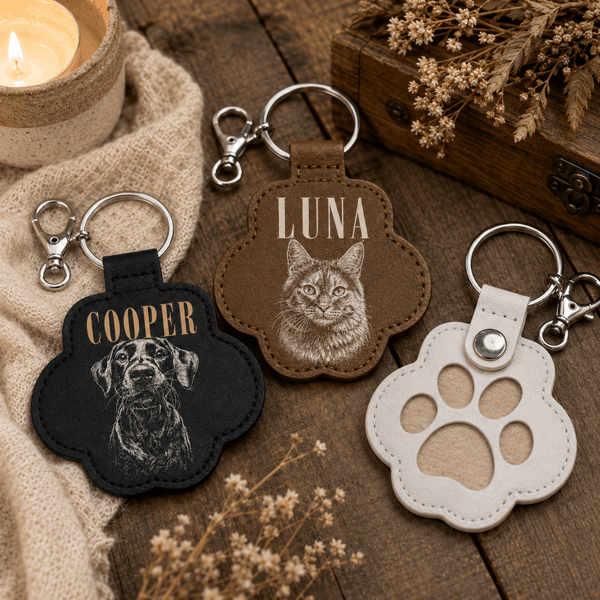 Personalized Pawprint Keychain - Custom Sketch Pet Portrait & Fur Keepsake
