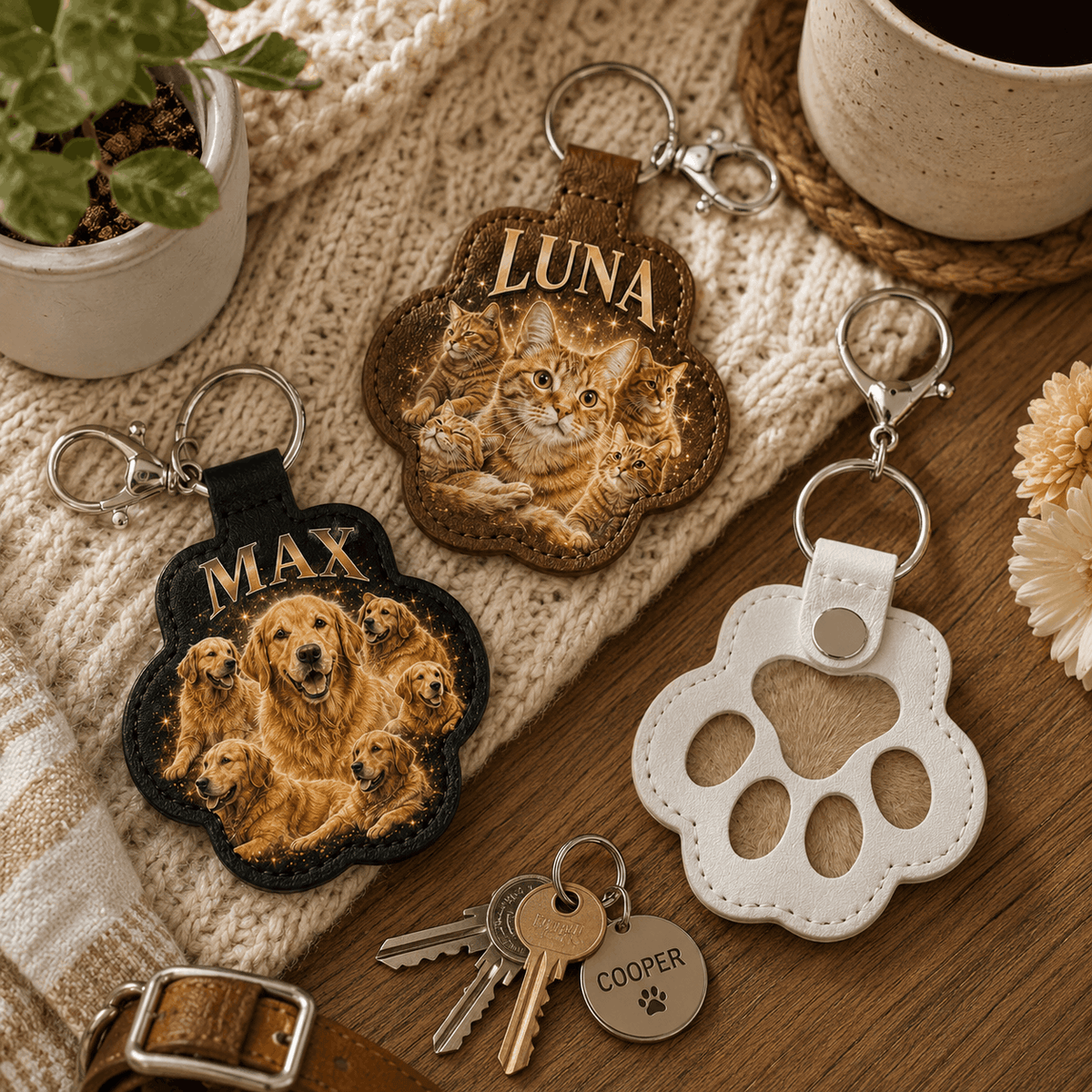 Custom Pawprint Keychain - Vintage Pet Photo Collage & Fur Keepsake