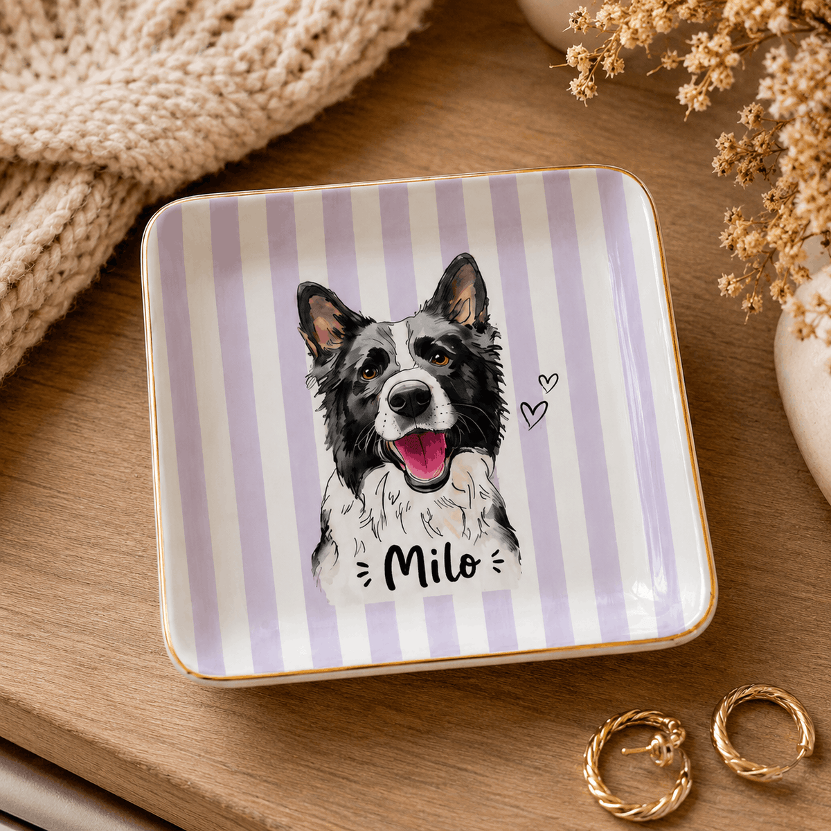 Custom Pet Portrait Ceramic Jewelry Dish – Sweet Pastel Stripes Design
