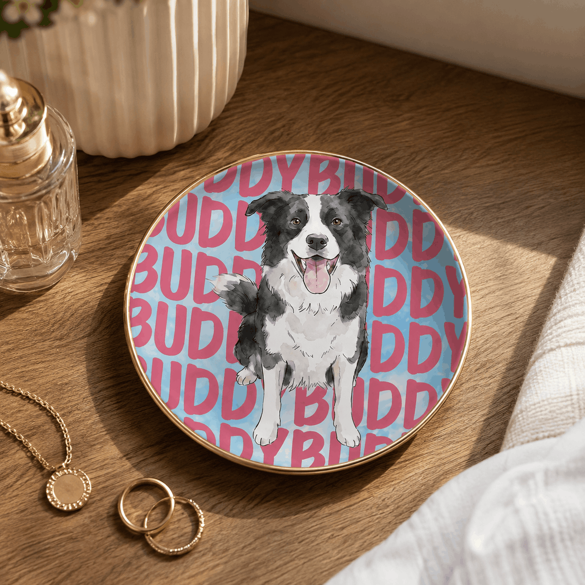 Custom Pet Portrait Ceramic Jewelry Dish – Pop-Art Repeated Name Pattern