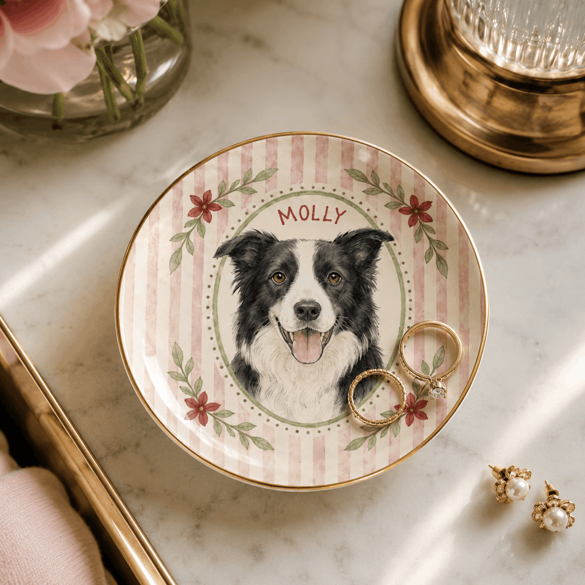 Custom Pet Portrait Ceramic Jewelry Dish – Vintage Striped Floral Frame