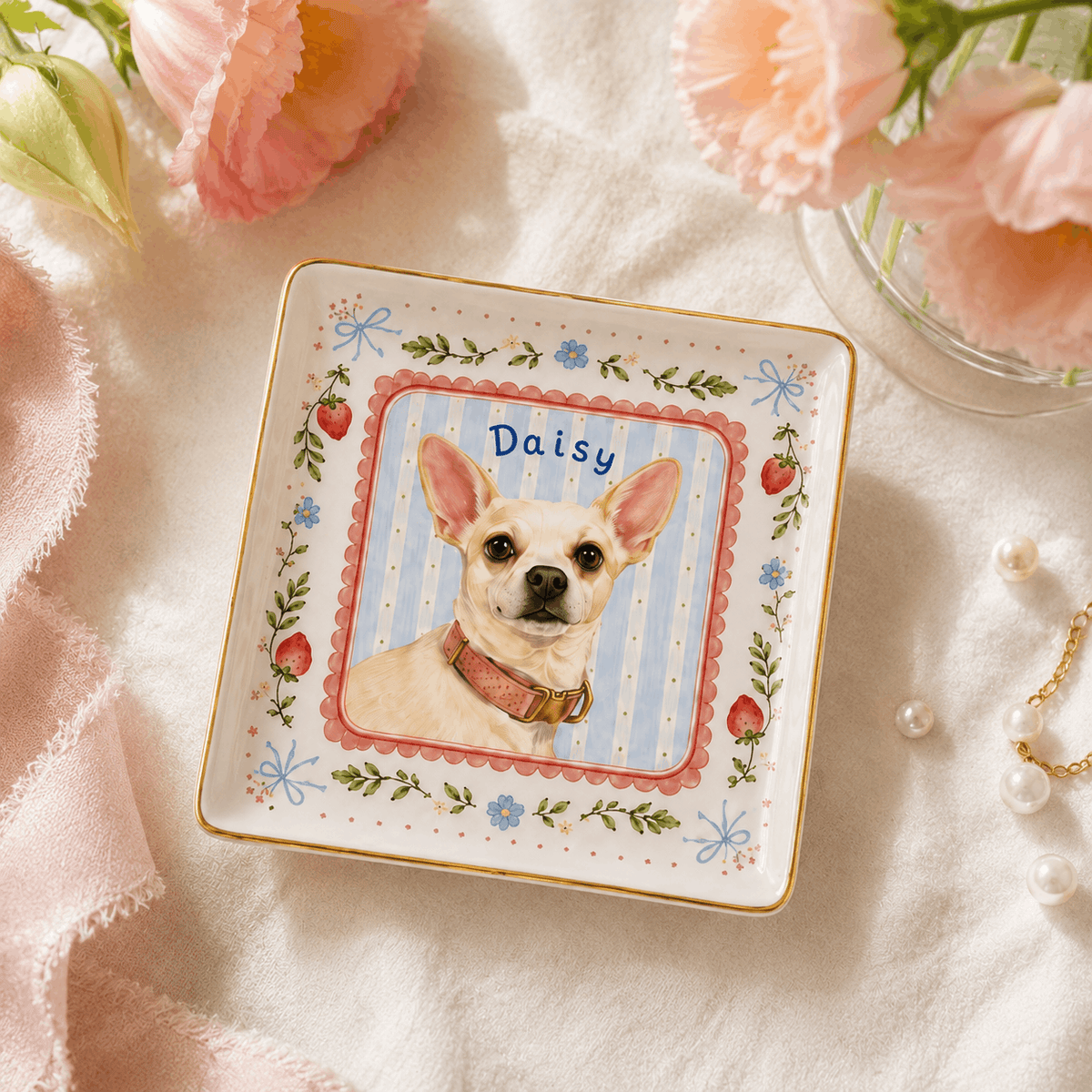 Custom Pet Portrait Ceramic Jewelry Dish – Coquette Strawberry & Bow Design