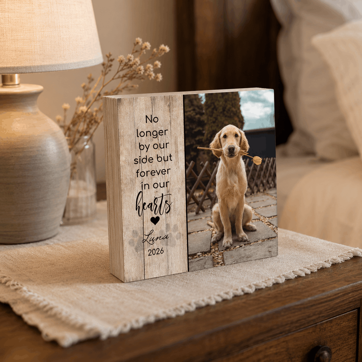 Custom Pet Memorial Wooden Block – "Forever In Our Hearts" Split Design