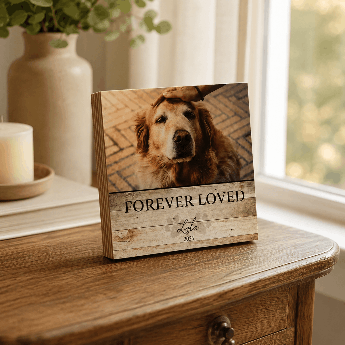 Custom Pet Memorial Wooden Block – "Forever Loved" Rustic Design