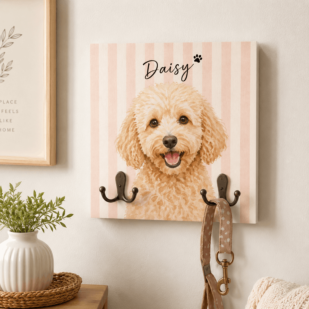 Custom Pet Portrait Dog Leash Holder – Personalized Wooden Hanger
