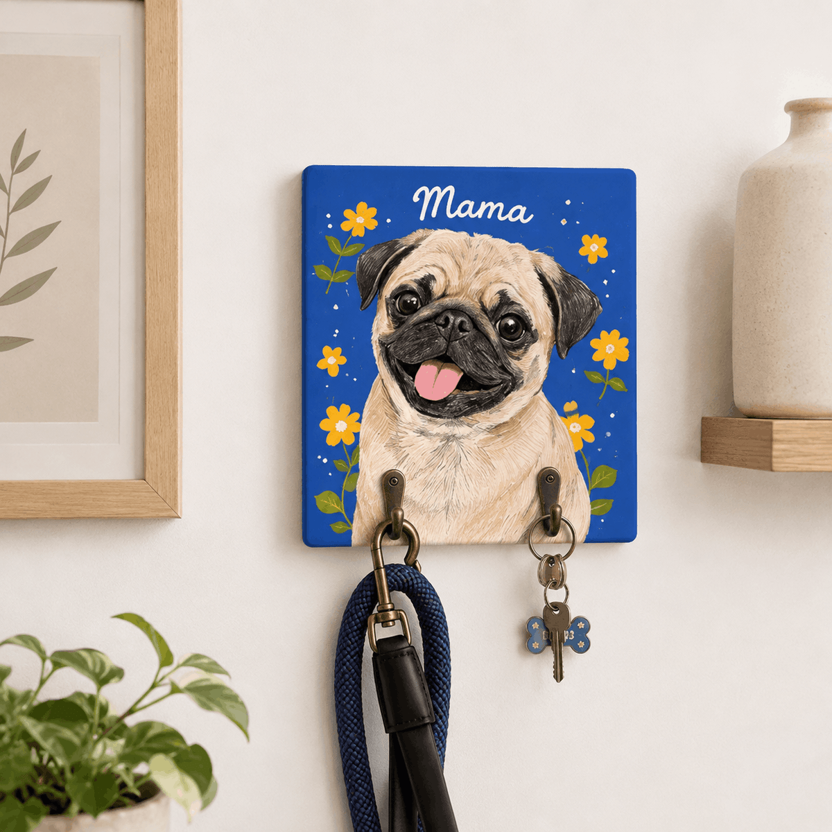 Custom Pet Portrait Dog Leash Holder – Vibrant Floral Frame Design