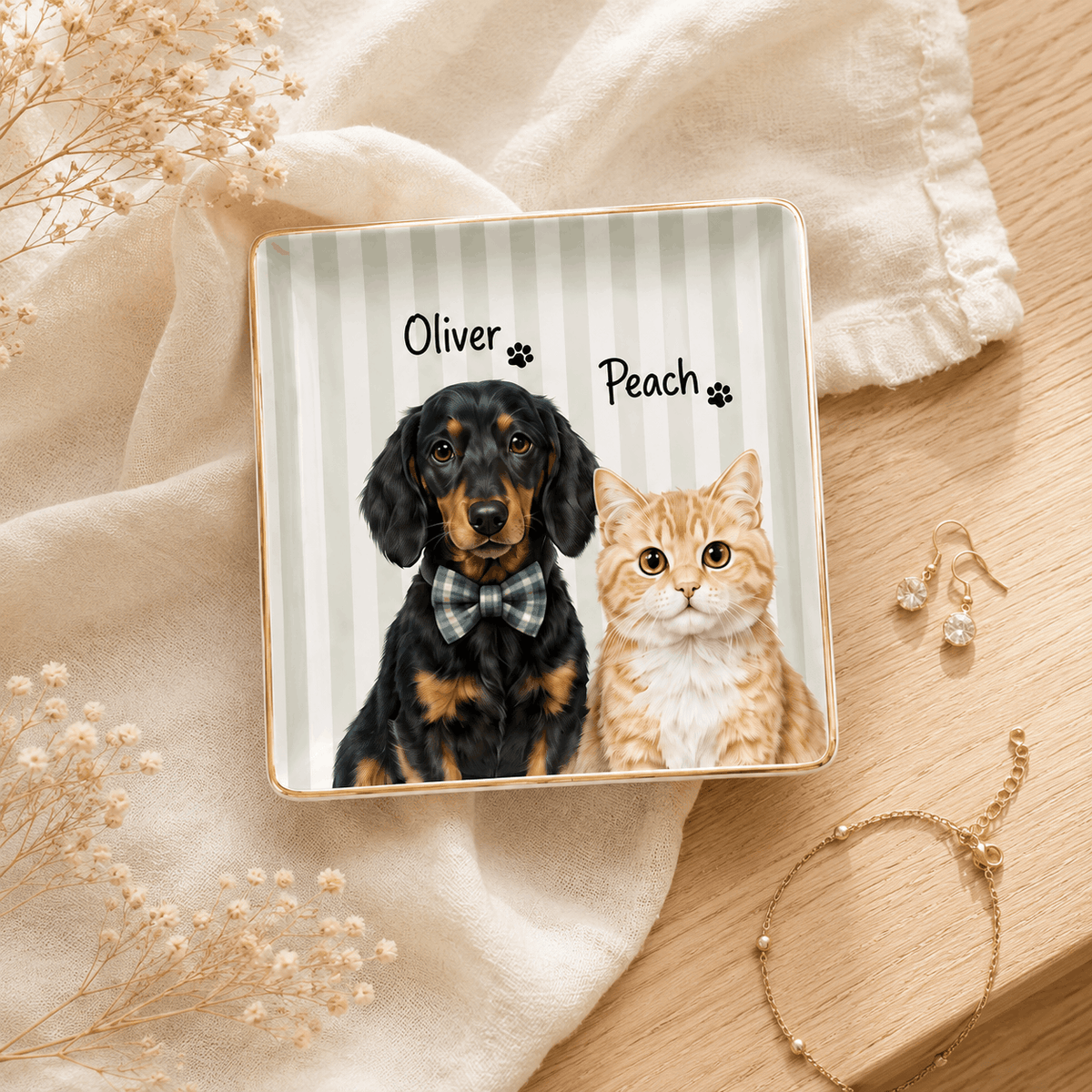 Custom Two Pets Portrait Ceramic Jewelry Dish – Pastel Pattern Design