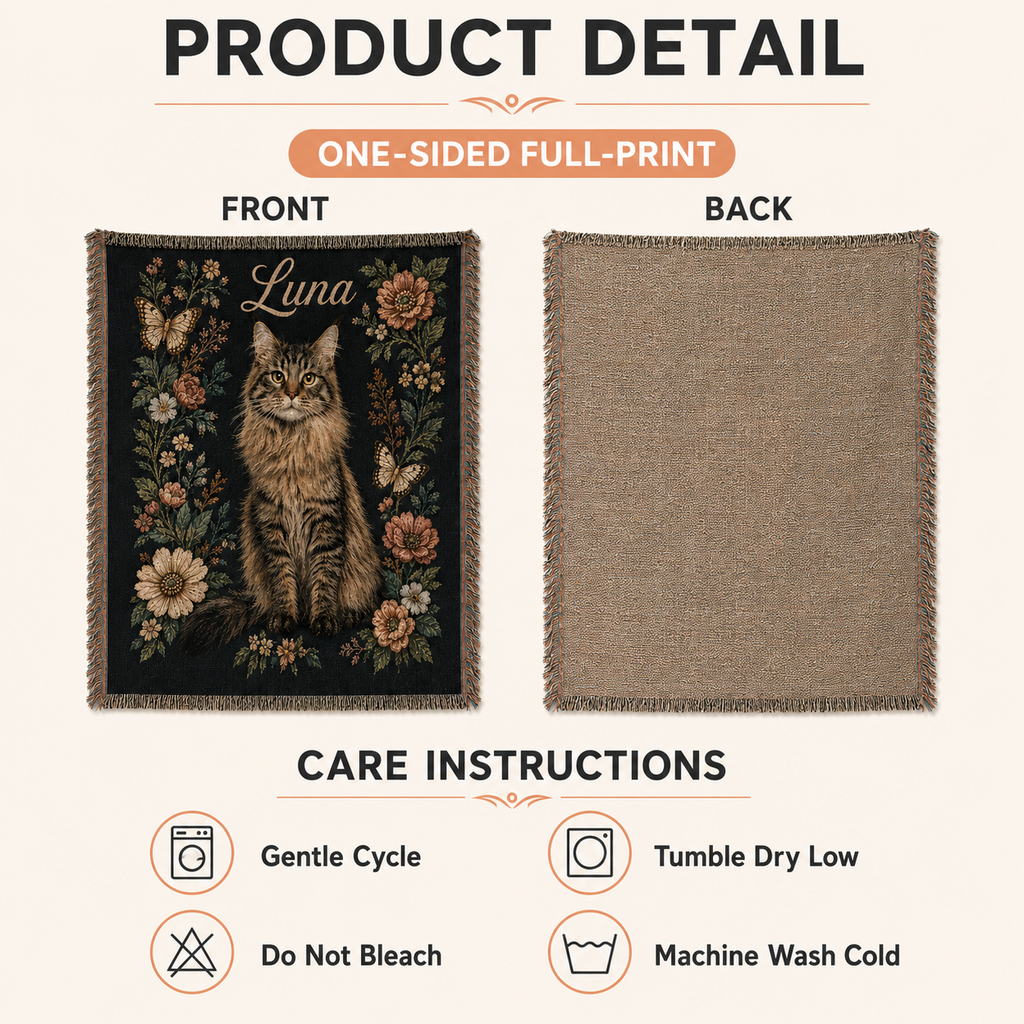 Custom Vintage Floral Pet Portrait Woven-Style Blanket - Personalized Cat & Dog Throw with Name