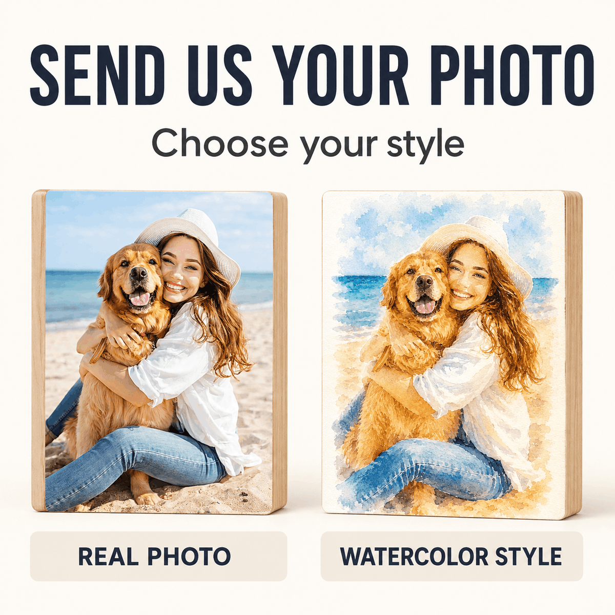 Custom Pet Photo Wooden Block – Watercolor or Real Photo Design