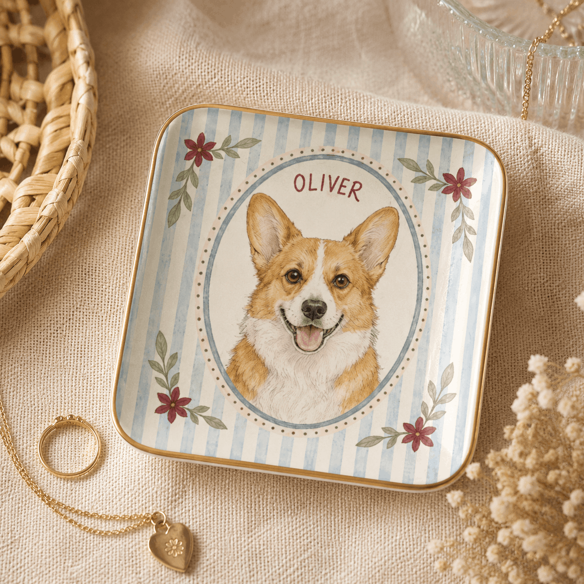 Custom Pet Portrait Ceramic Jewelry Dish – Vintage Striped Floral Frame