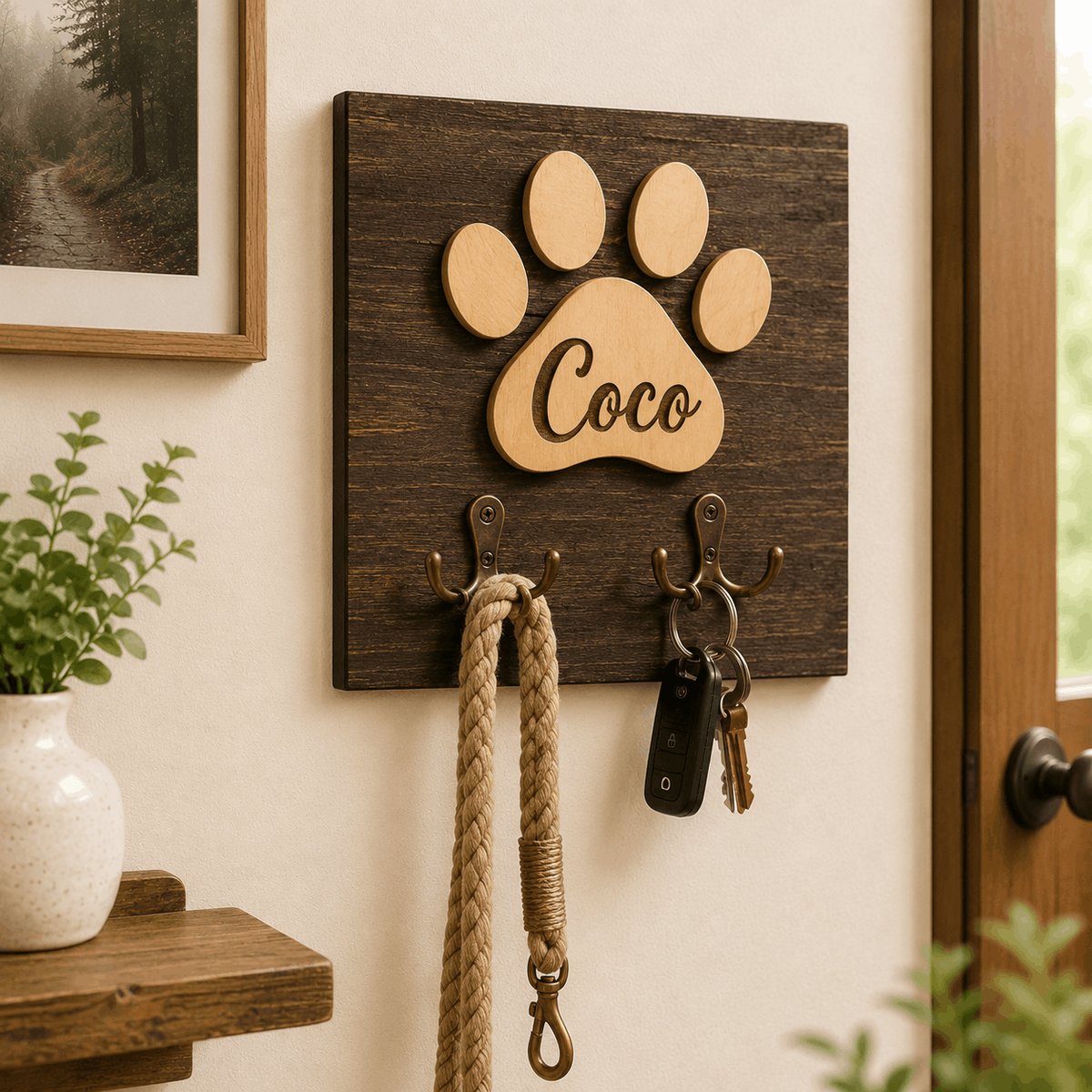 Custom Dog Leash Holder – Rustic Wooden Paw Print Design