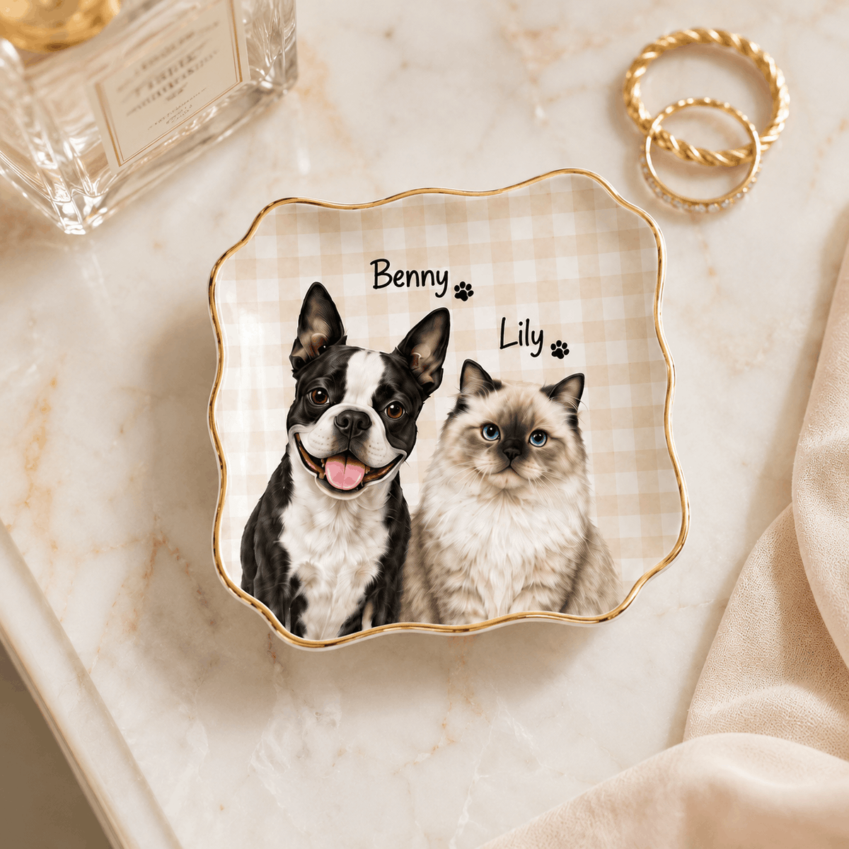 Custom Two Pets Portrait Ceramic Jewelry Dish – Pastel Pattern Design