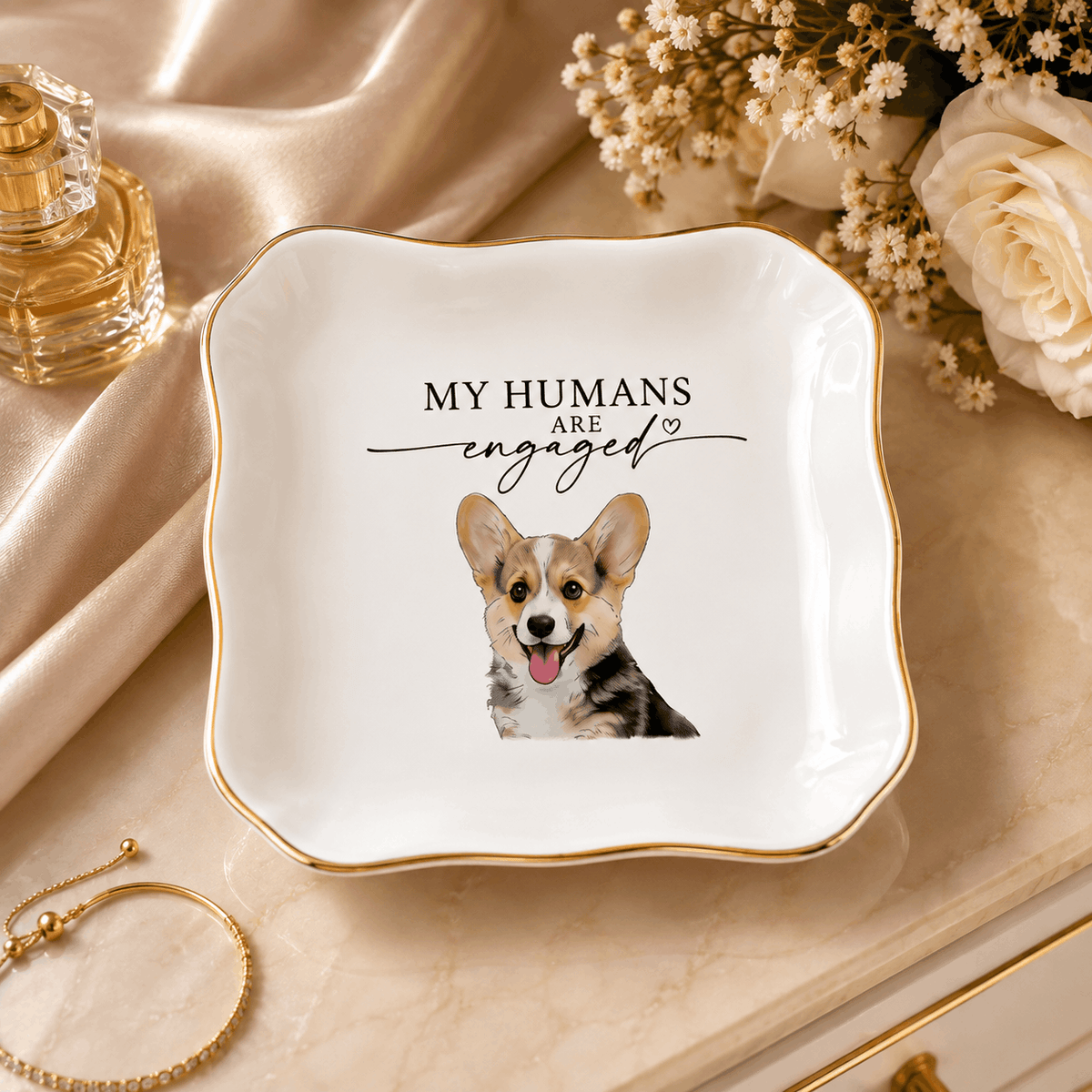 Custom Pet Portrait Ceramic Jewelry Dish – "My Humans Are Engaged" Ring Dish