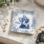 Custom Pet Portrait Ceramic Jewelry Dish – Classic Blue & White Floral Design