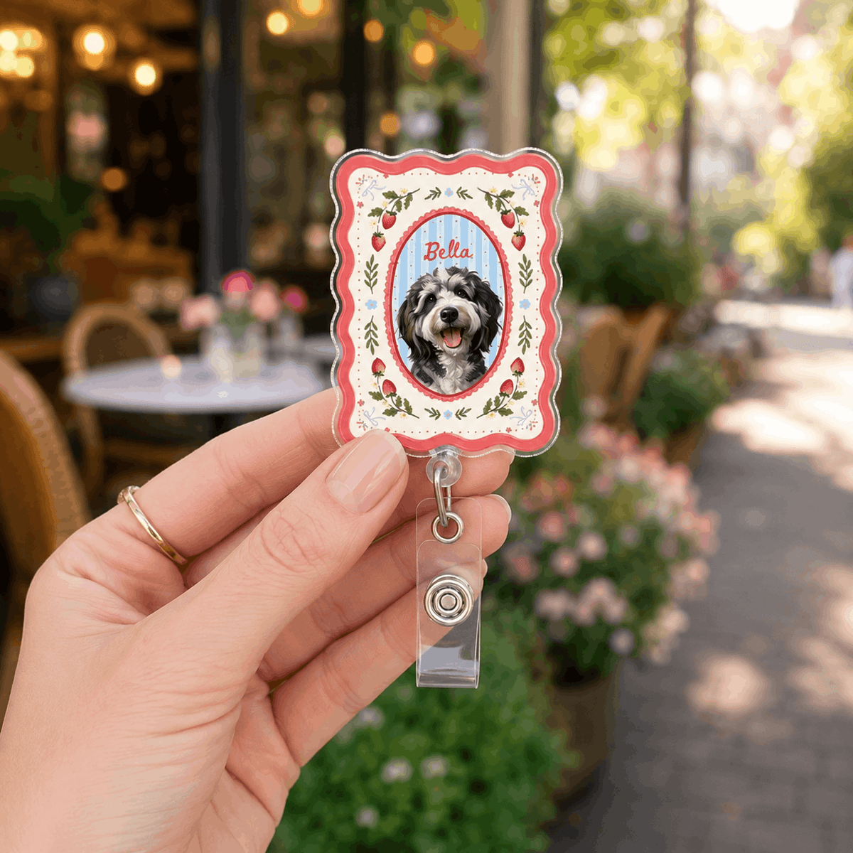 Badge Reel – Custom Pet Portrait Vintage Scalloped Rectangle Design
