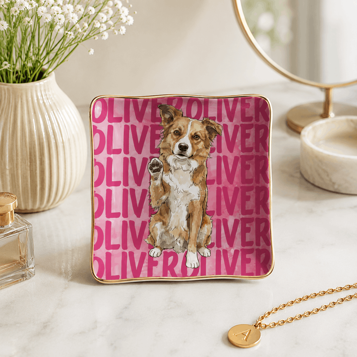 Custom Pet Portrait Ceramic Jewelry Dish – Pop-Art Repeated Name Pattern