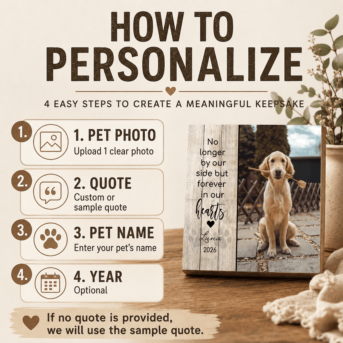 Custom Pet Memorial Wooden Block – "Forever In Our Hearts" Split Design