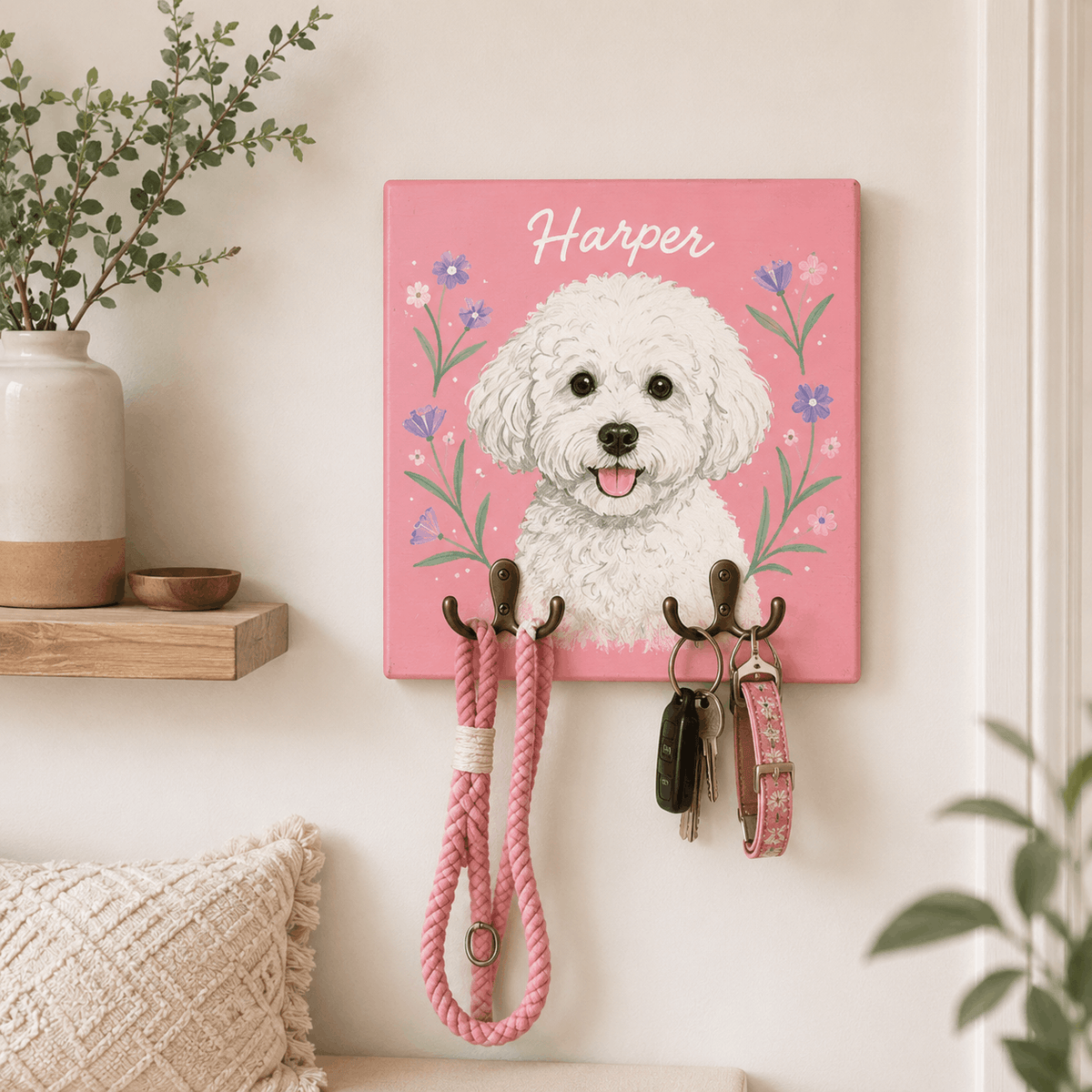 Custom Pet Portrait Dog Leash Holder – Vibrant Floral Frame Design