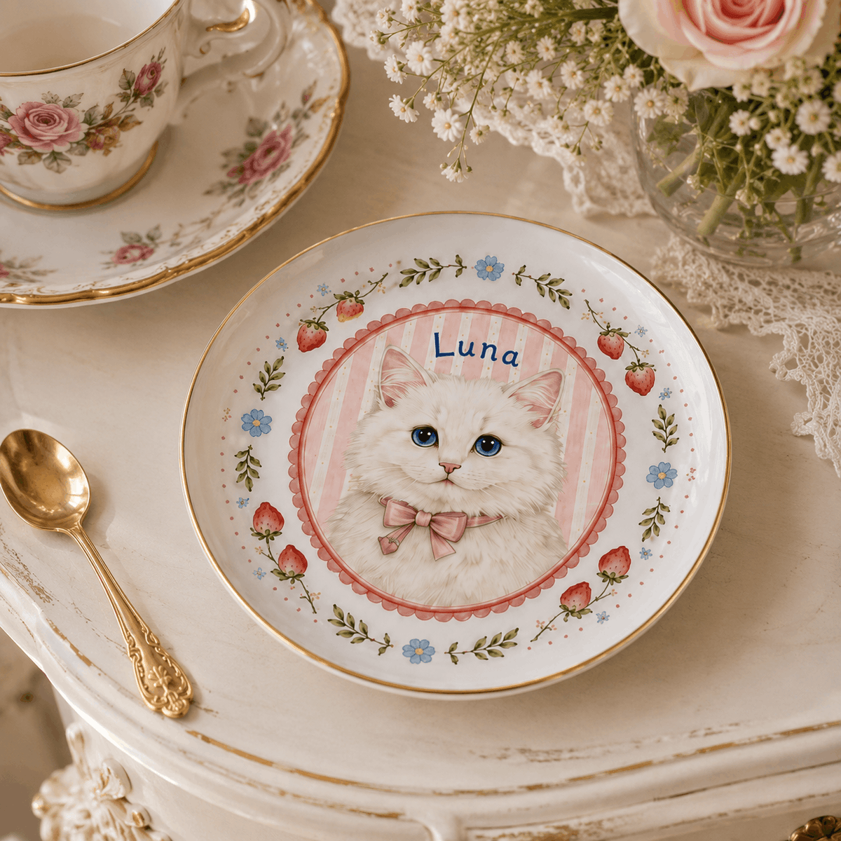 Custom Pet Portrait Ceramic Jewelry Dish – Coquette Strawberry & Bow Design