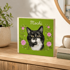 Custom Pet Portrait Wooden Block – Vibrant Floral Frame Design