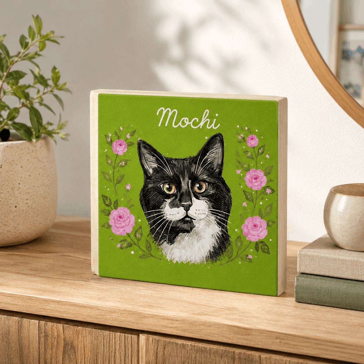 Custom Pet Portrait Wooden Block – Vibrant Floral Frame Design