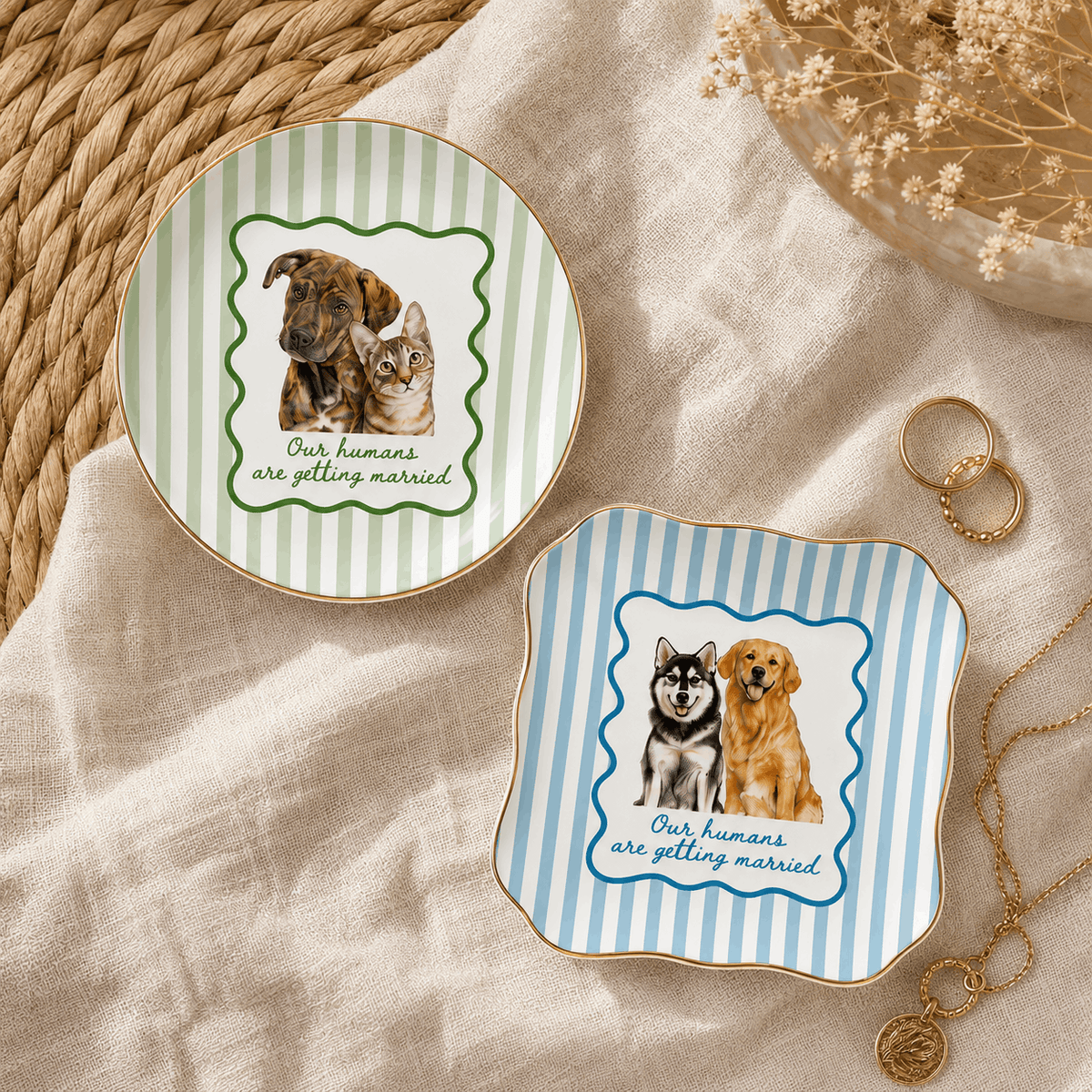 Custom Two Pets Ceramic Jewelry Dish – "Our Humans Are Getting Married" Striped Design
