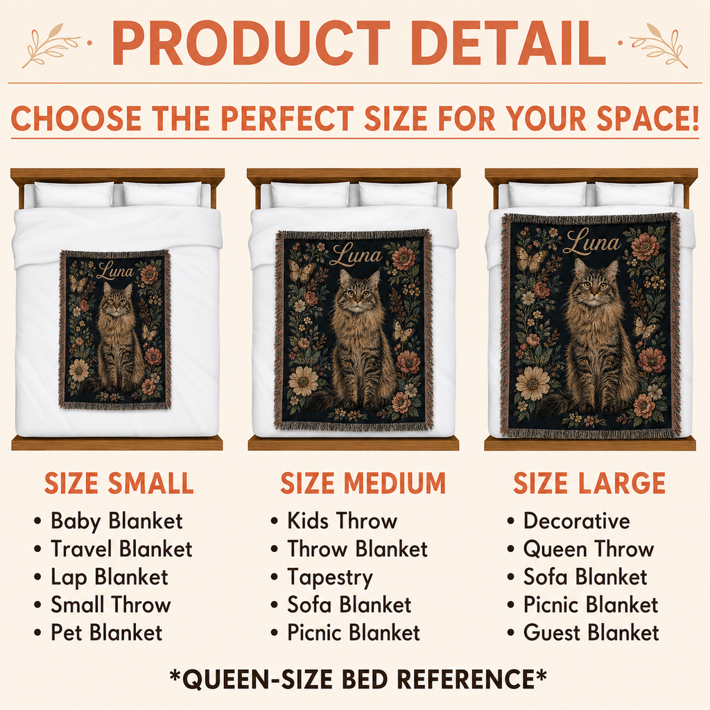 Custom Vintage Floral Pet Portrait Woven-Style Blanket - Personalized Cat & Dog Throw with Name
