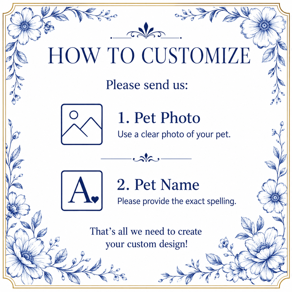 Custom Pet Portrait Ceramic Jewelry Dish – Classic Blue & White Floral Design