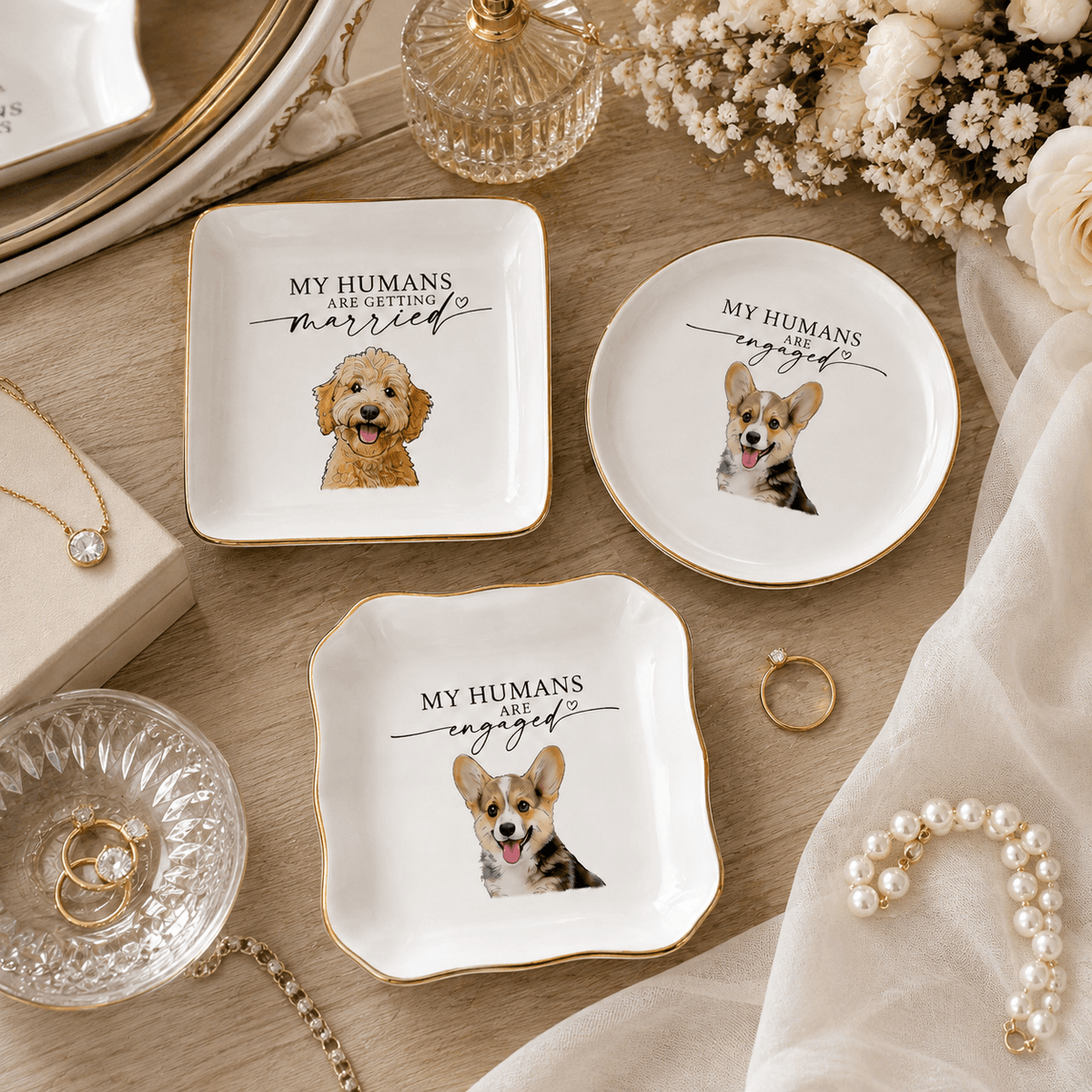 Custom Pet Portrait Ceramic Jewelry Dish – "My Humans Are Engaged" Ring Dish
