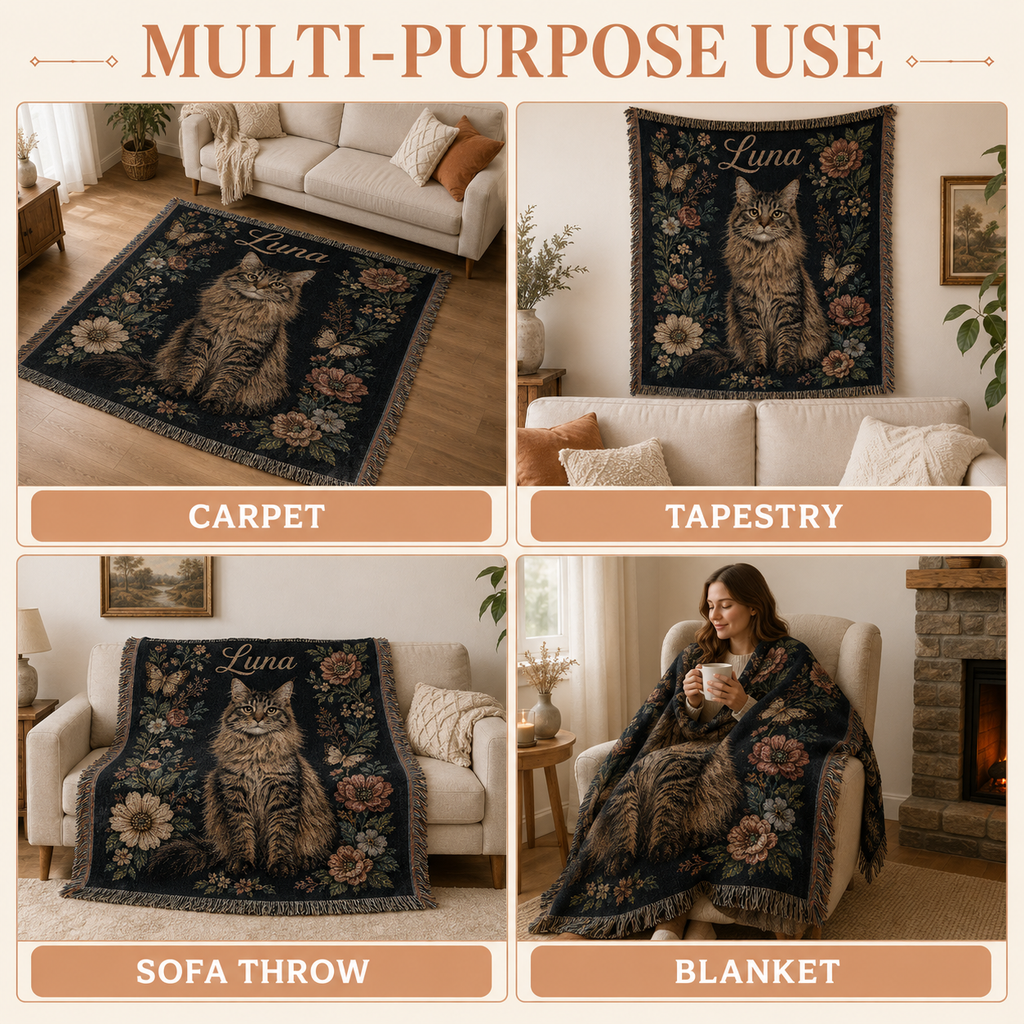 Custom Vintage Floral Pet Portrait Woven-Style Blanket - Personalized Cat & Dog Throw with Name