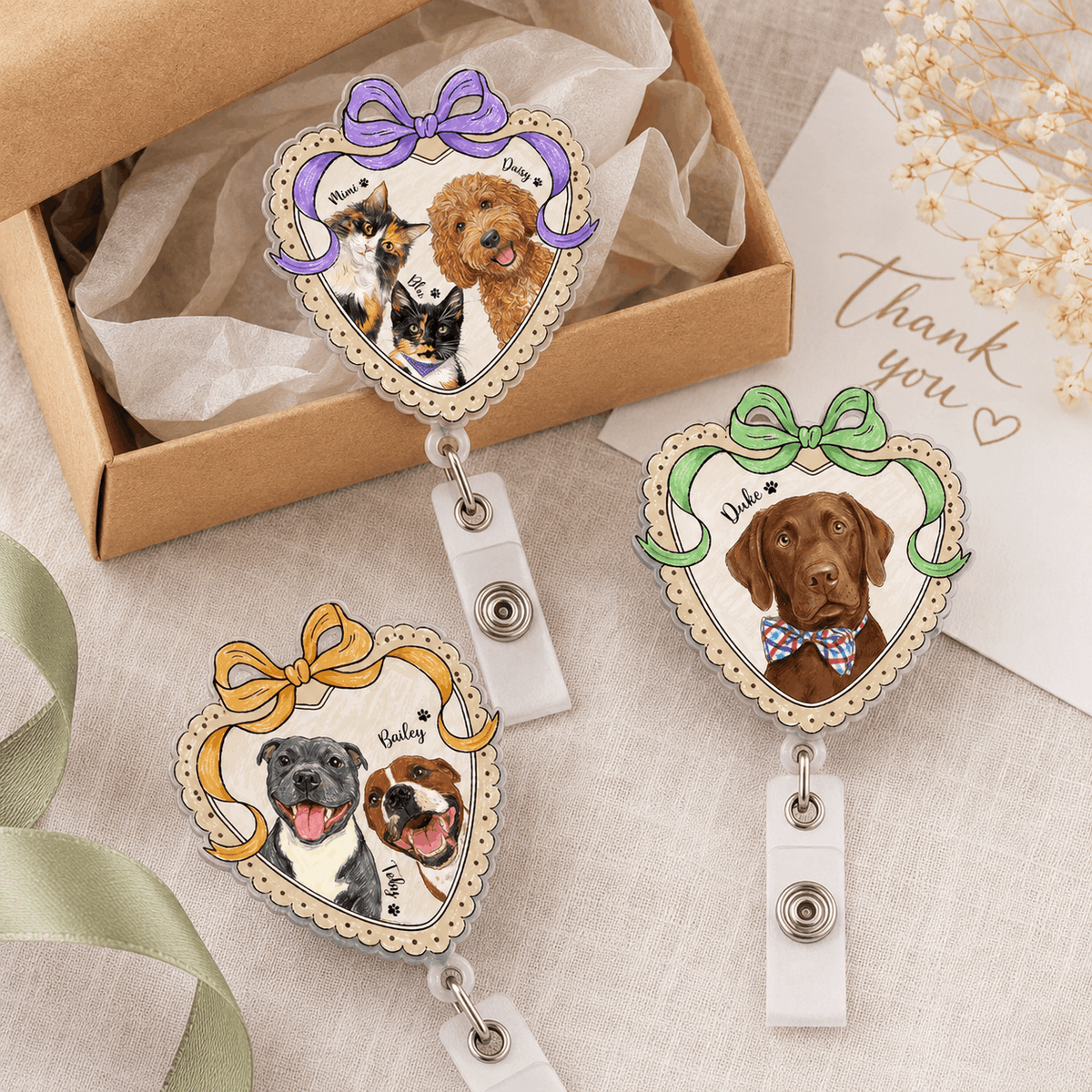 Badge Reel – Custom Pet Portrait Heart Shape Ribbon Design