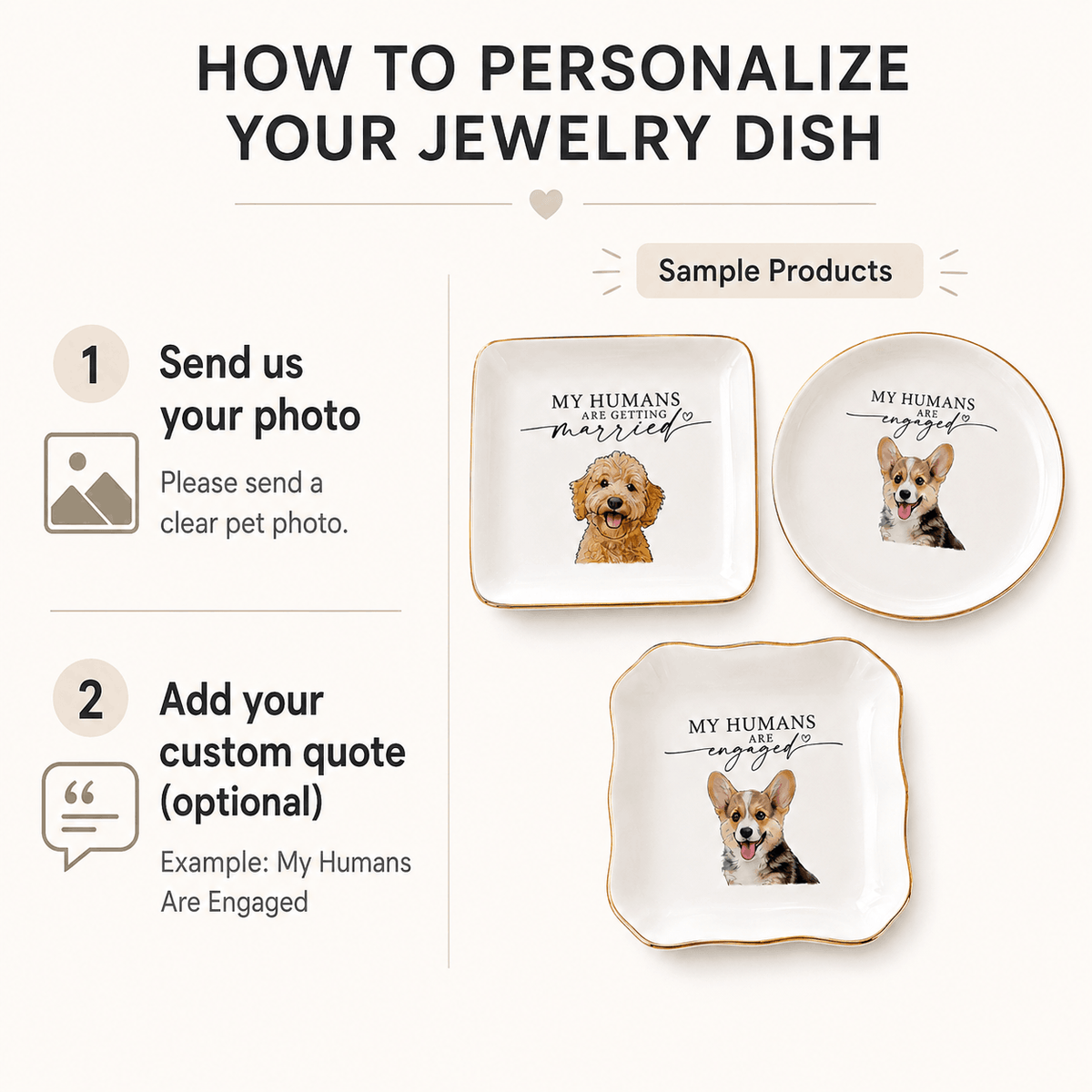 Custom Pet Portrait Ceramic Jewelry Dish – "My Humans Are Engaged" Ring Dish