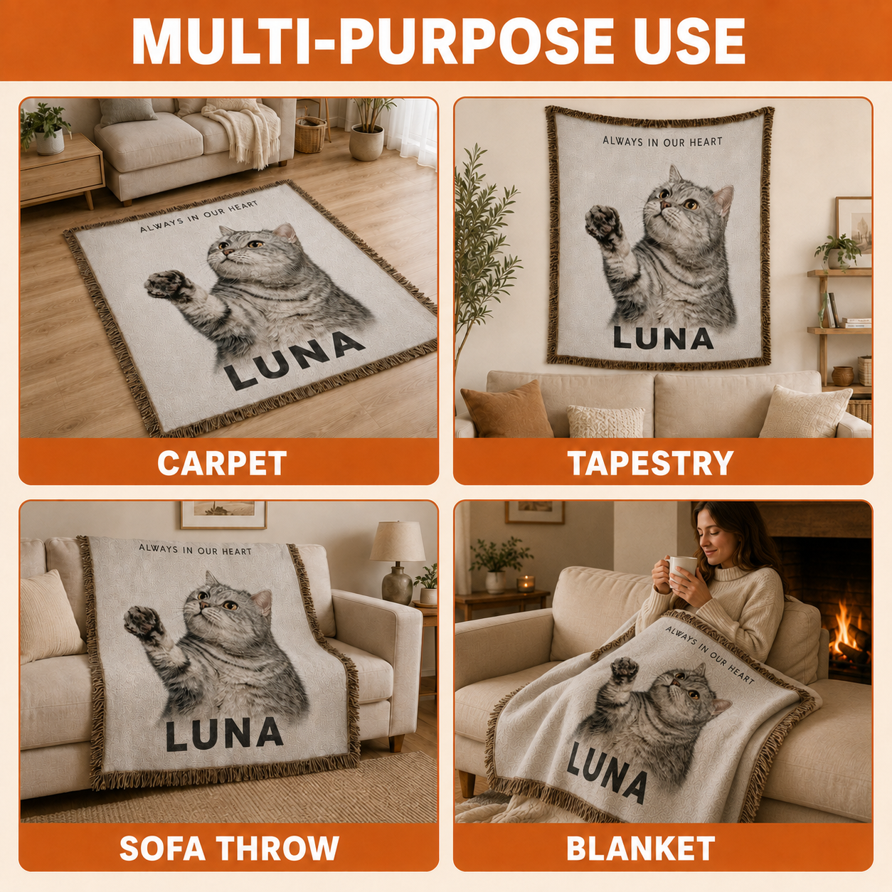 Custom Pet Memorial Woven-Style Blanket - Personalized Portrait Throw with Quote & Name