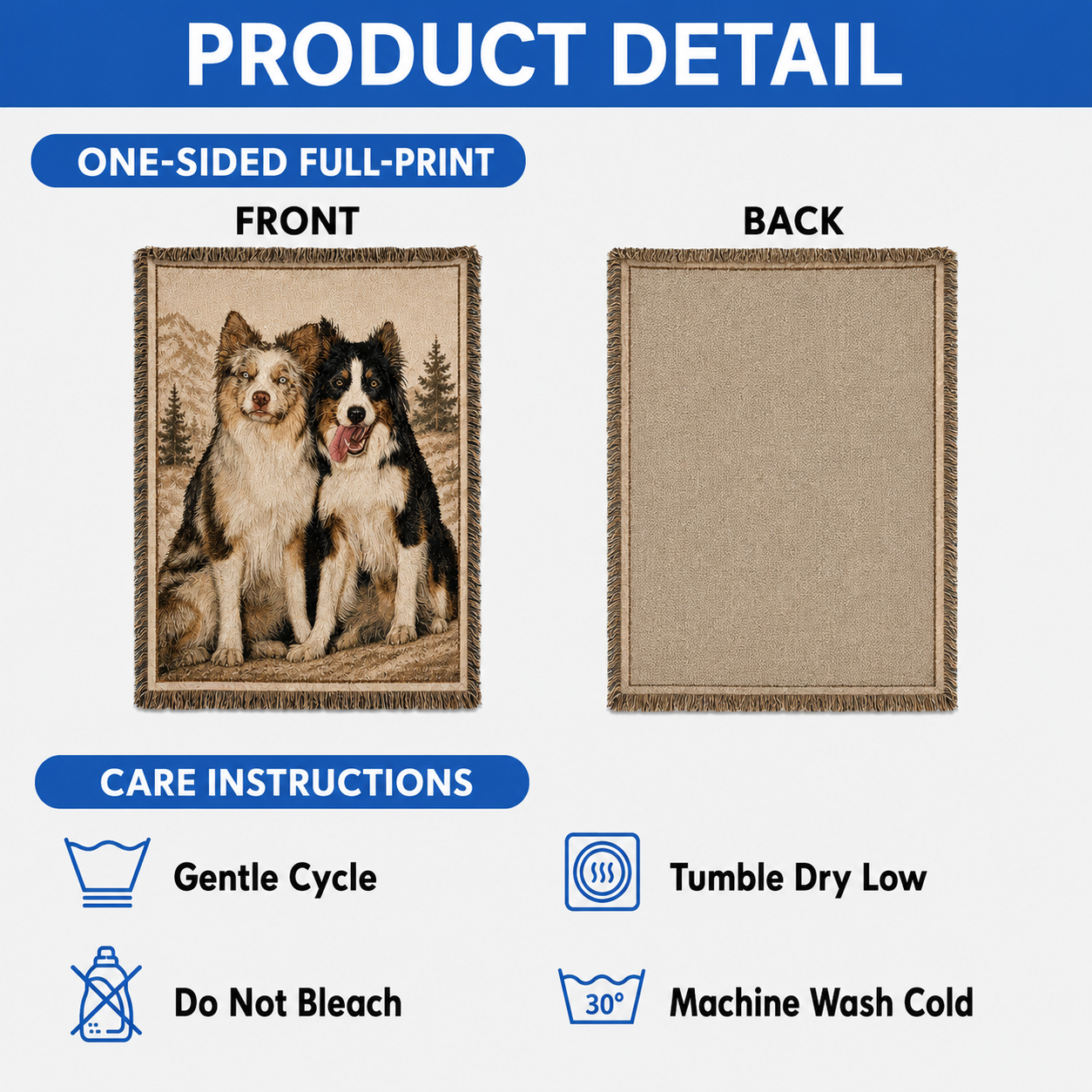Custom Pet Portrait Woven-Style Throw Blanket - Personalized Printed Fringe Blanket